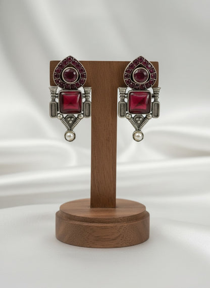 Traditional Stud Earrings with Monalisa Stone and Pearl Drop 