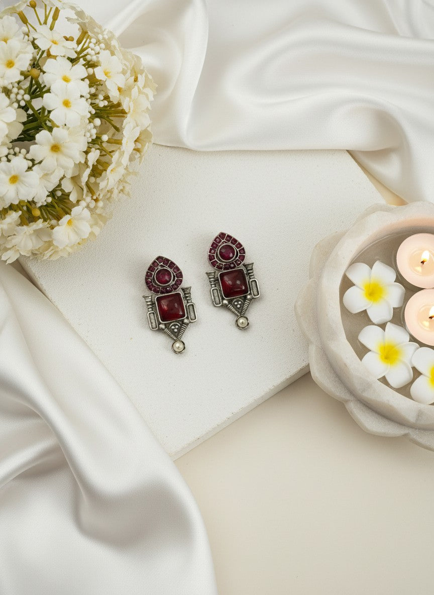 Traditional Stud Earrings with Monalisa Stone and Pearl Drop for Women
