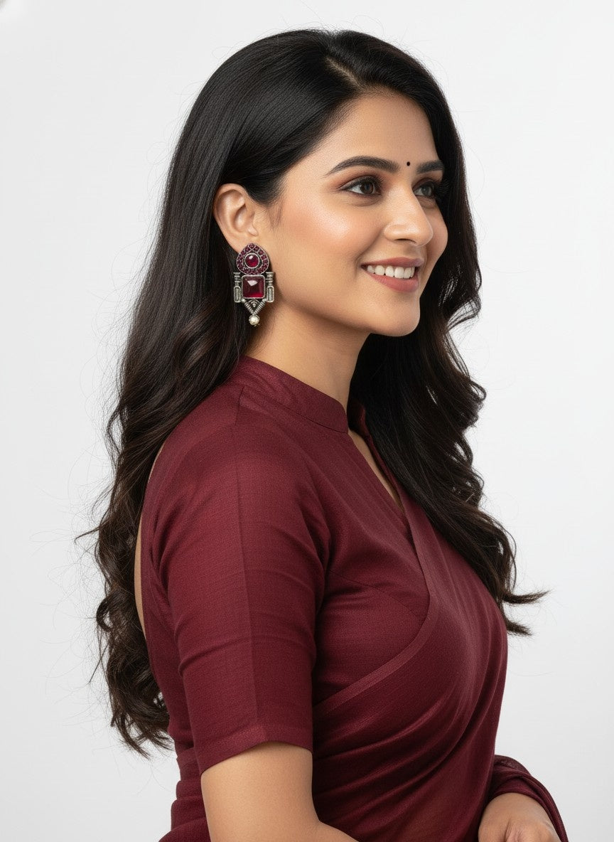 Traditional Stud Earrings with Monalisa Stone and Pearl Drop 