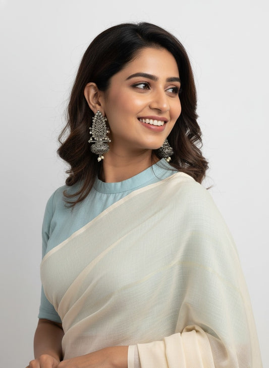 Handcrafted Silver Oxidized Earrings with Stone Pearl Work