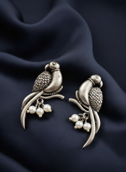 Silver Oxidized Parrot Motif Studs with Pearl Drops Earrings for Women - All Occasions wear