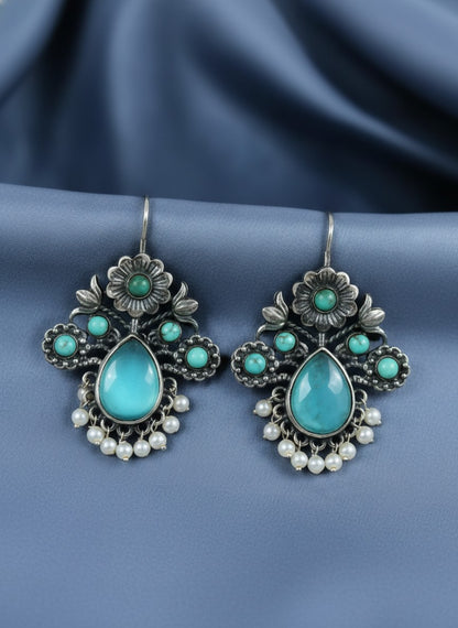 Silver Oxidized Floral Drop Earrings with Mint Stones & Pearl Cluster Detailing for Women - Office & Casual Wear