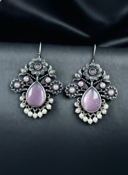 Silver Oxidized Floral Drop Earrings with Baby Pink Monalisa Stones & Pearl Cluster Detailing for Women - Office & Casual Wear