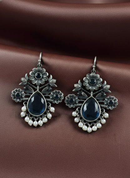 Silver Oxidized Floral Drop Earrings with Black Monalisa Stones & Pearl Cluster Detailing for Women - Office & Casual Wear