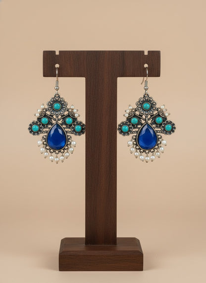 Silver Oxidized Floral Drop Earrings with Dark Blue Aqua Monalisa Stones & Pearl Cluster Detailing for Women - Office & Casual Wear