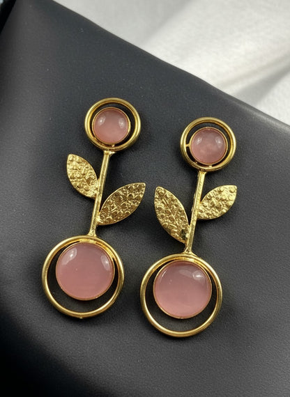 Gold Plated Baby Pink Monalisa Stone Leaf Drop Earrings for Women - Casual Wear