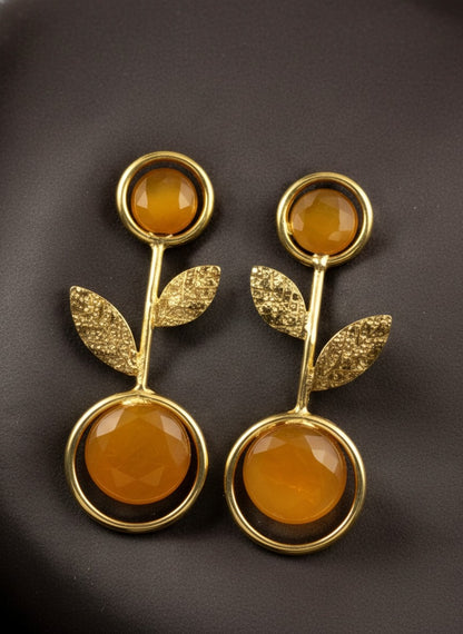 Gold Plated Citrine Yellow Monalisa Stone Leaf Drop Earrings for Women - Casual Wear