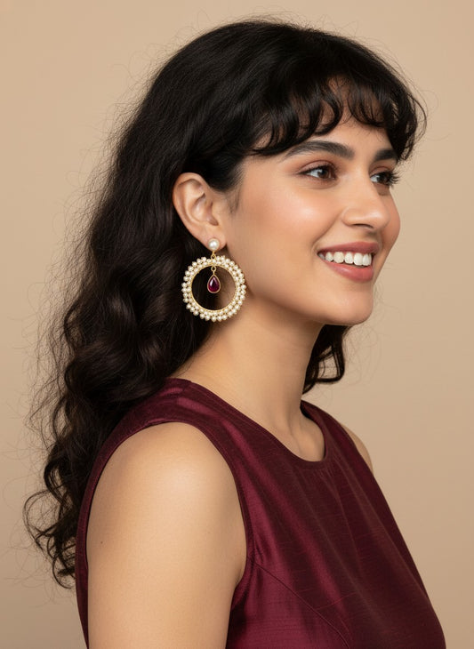 Antique Gold plated Pearls Circular Earrings with Monalisa Stone Drop for Women