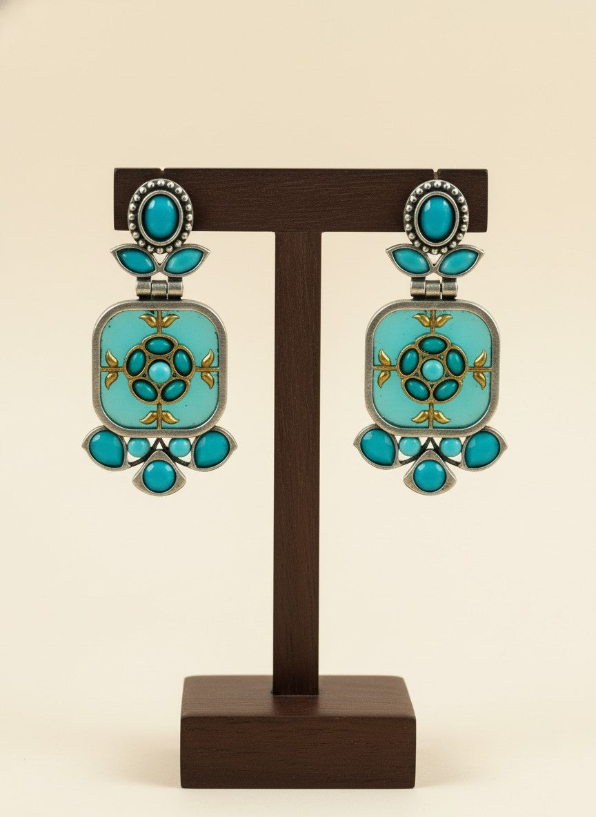 Firoza Persian Motifs Dual-Tone Aqua Monalisa Stone Dangler Earrings for Women - Festive Wear