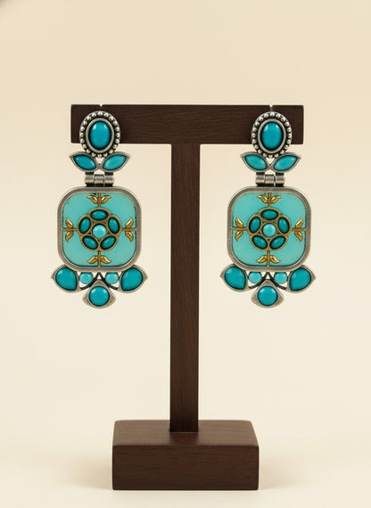 Firoza Persian Motifs Dual-Tone Aqua Monalisa Stone Dangler Earrings for Women - Festive Wear