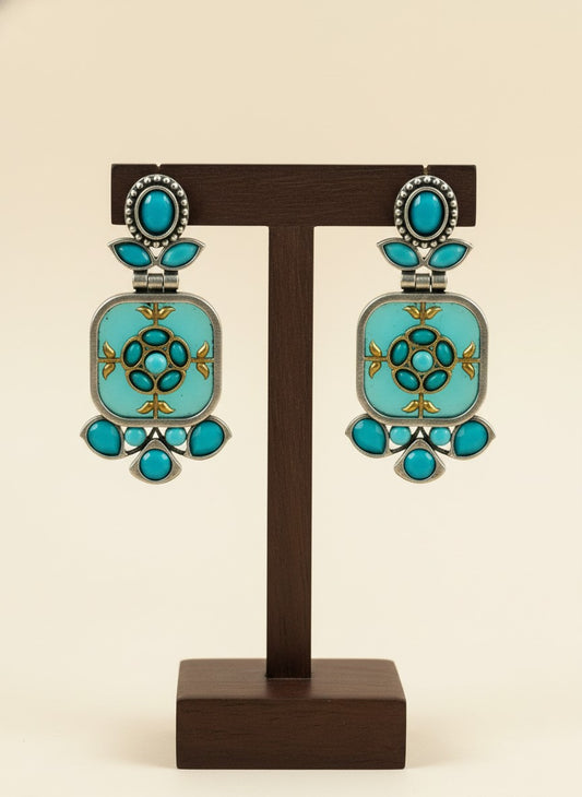 Firoza Persian Motifs Dual-Tone Aqua Monalisa Stone Dangler Earrings for Women - Festive Wear