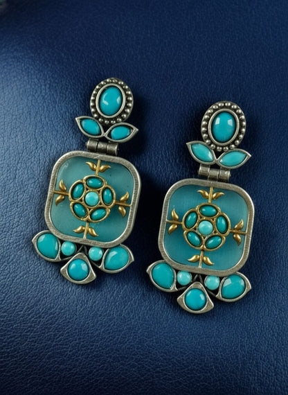 Firoza Persian Motifs Dual-Tone Aqua Monalisa Stone Dangler Earrings for Women - Festive Wear