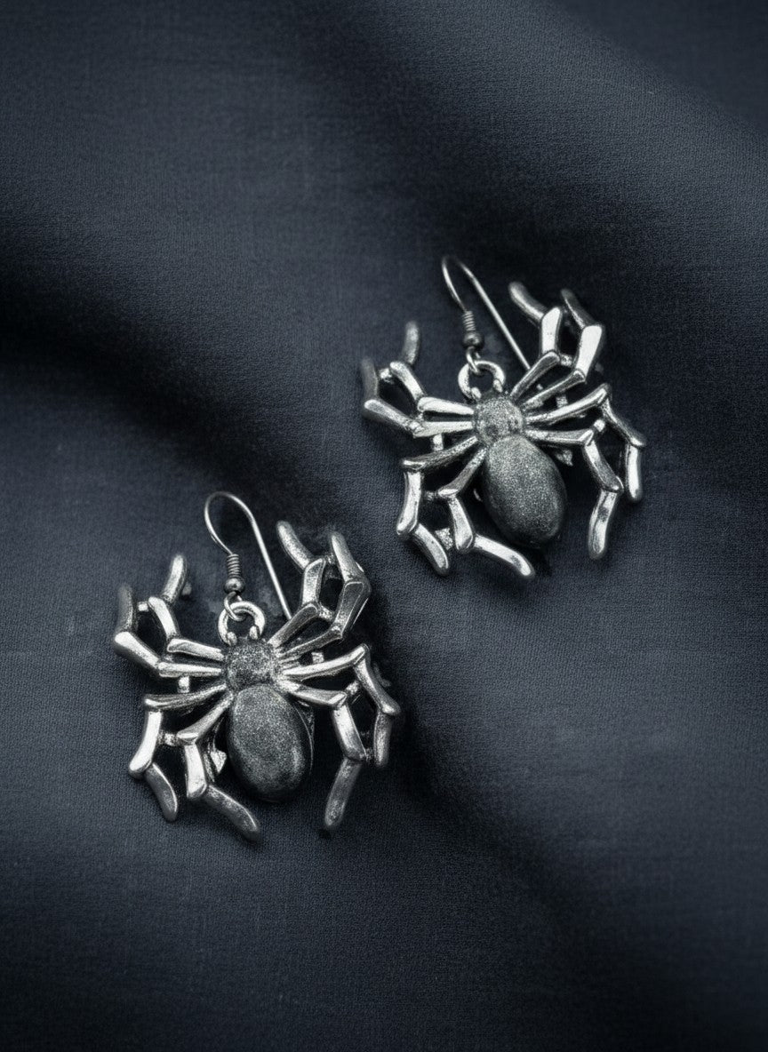 Silver Oxidized Spider Statement Drop Earrings for Women - Casual Wear