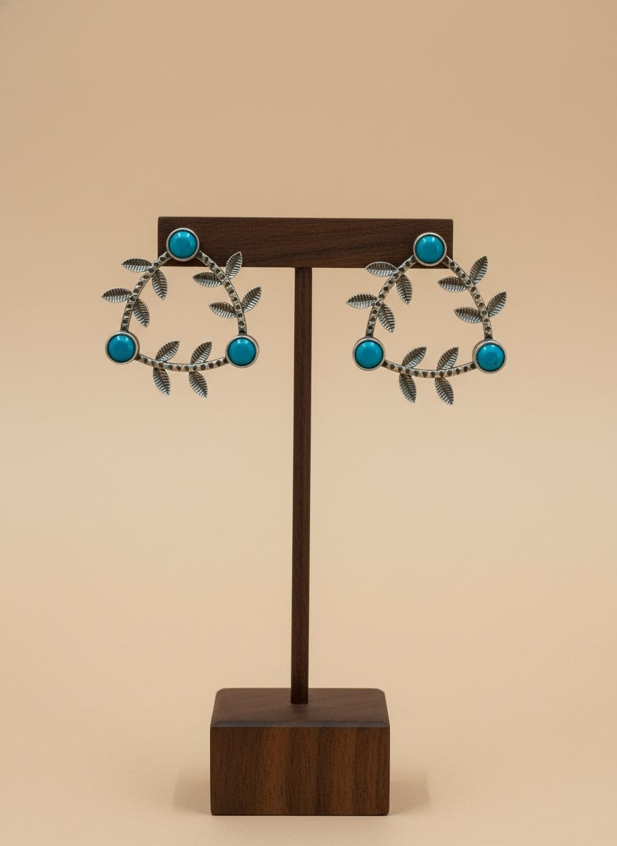 Silver Oxidized Geometric Pattern Leaf-Inspired Earrings in Turquoise stones for Women - Everyday Office Casual Wear