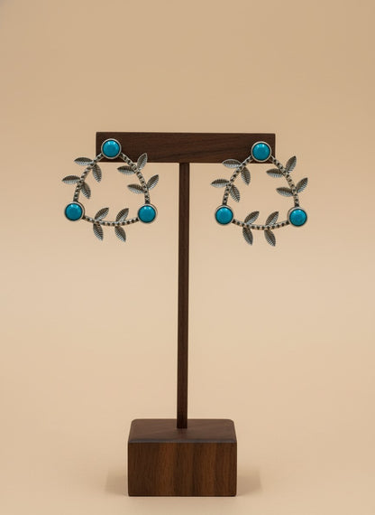 Silver Oxidized Geometric Pattern Leaf-Inspired Earrings in Turquoise stones for Women - Everyday Office Casual Wear