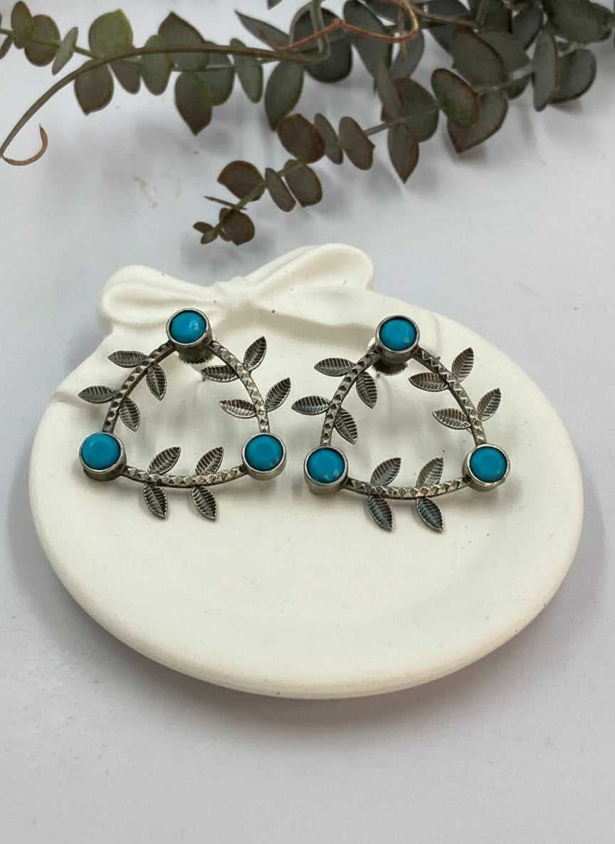 Silver Oxidized Geometric Pattern Leaf-Inspired Earrings in Turquoise stones for Women - Everyday Office Casual Wear