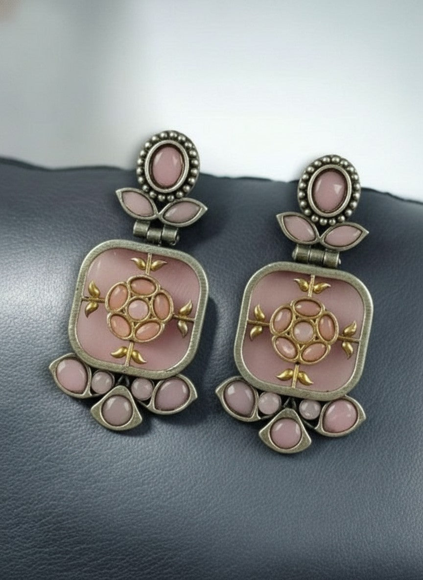 Firoza Persian Motifs Dual-Tone Baby Pink Monalisa Stone Dangler Earrings for Women - Festive Wear