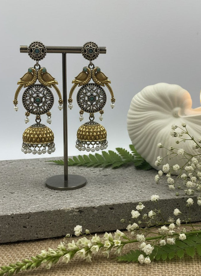 Two tone Parrot Motif Jhumka Traditional Earrings 