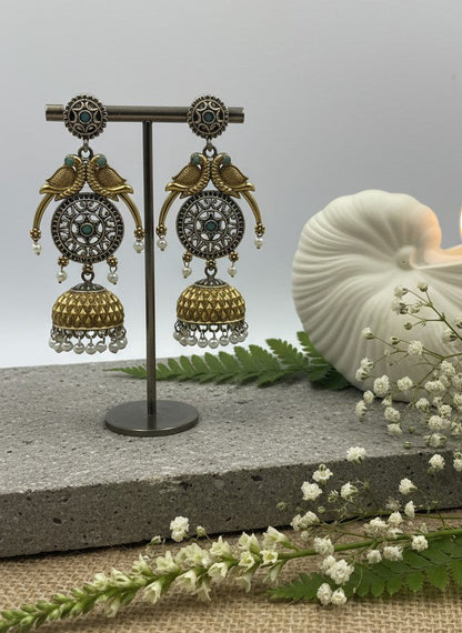 Two tone Parrot Motif Jhumka Traditional Earrings 
