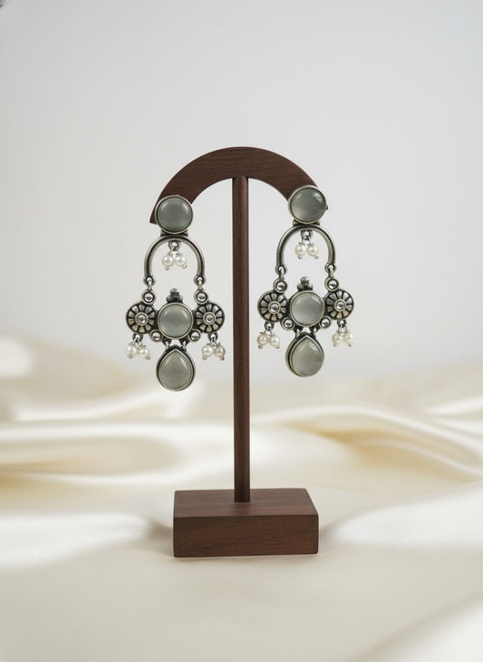 Elegant Silver Oxidized Monalisa Stone Dangler Earrings with Pearl