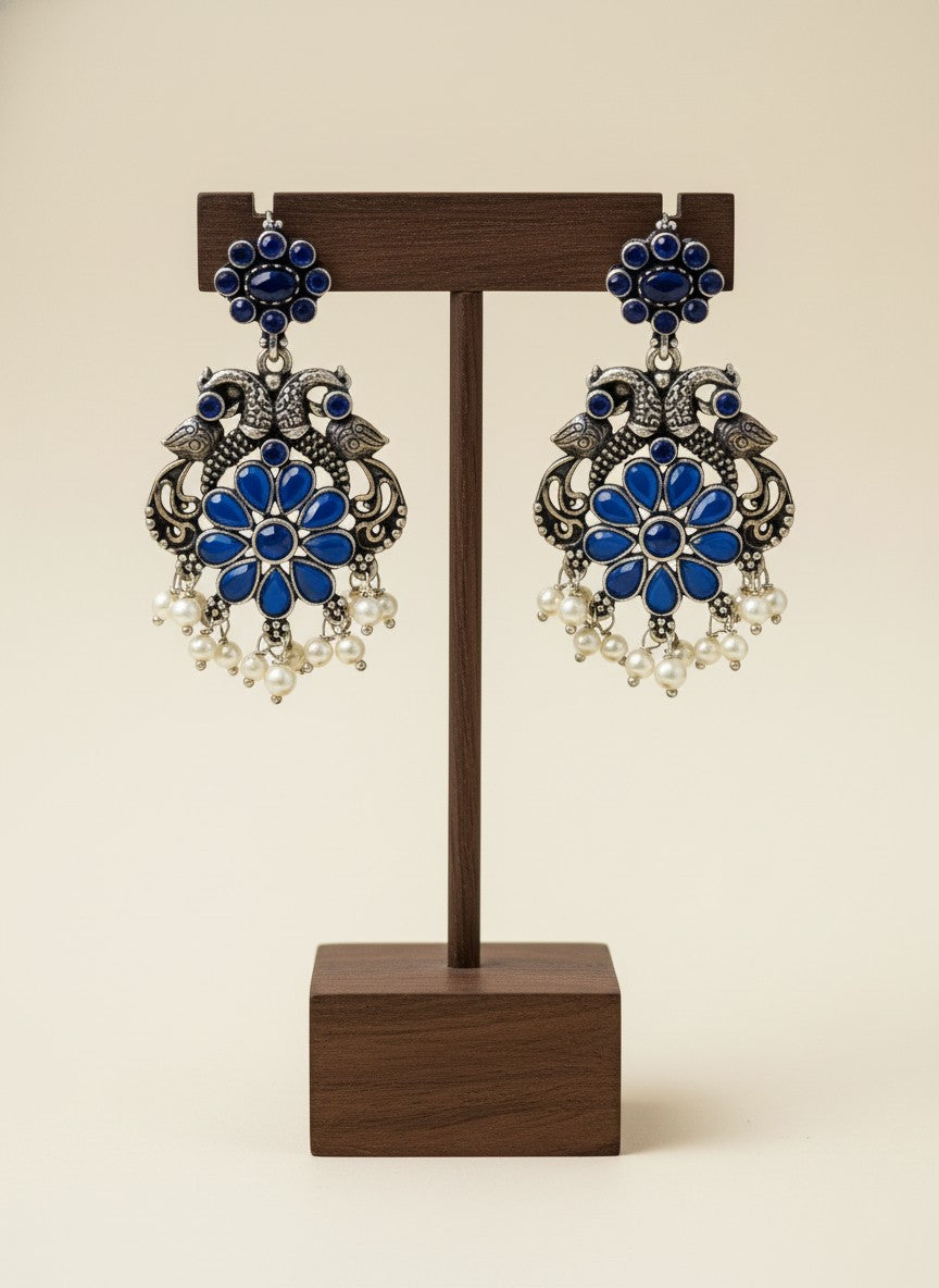 Silver Oxidized Peacock Dangler Earrings with Stone and Pearls
