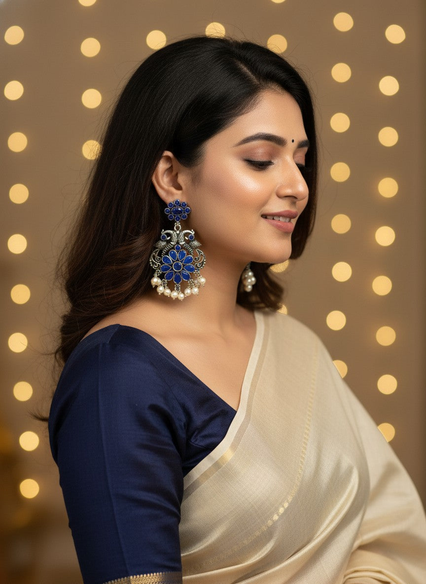 Silver Oxidized Peacock Dangler Earrings with Stone and Pearls