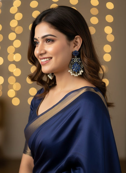 Silver Oxidized Peacock Dangler Earrings with Stone and Pearls