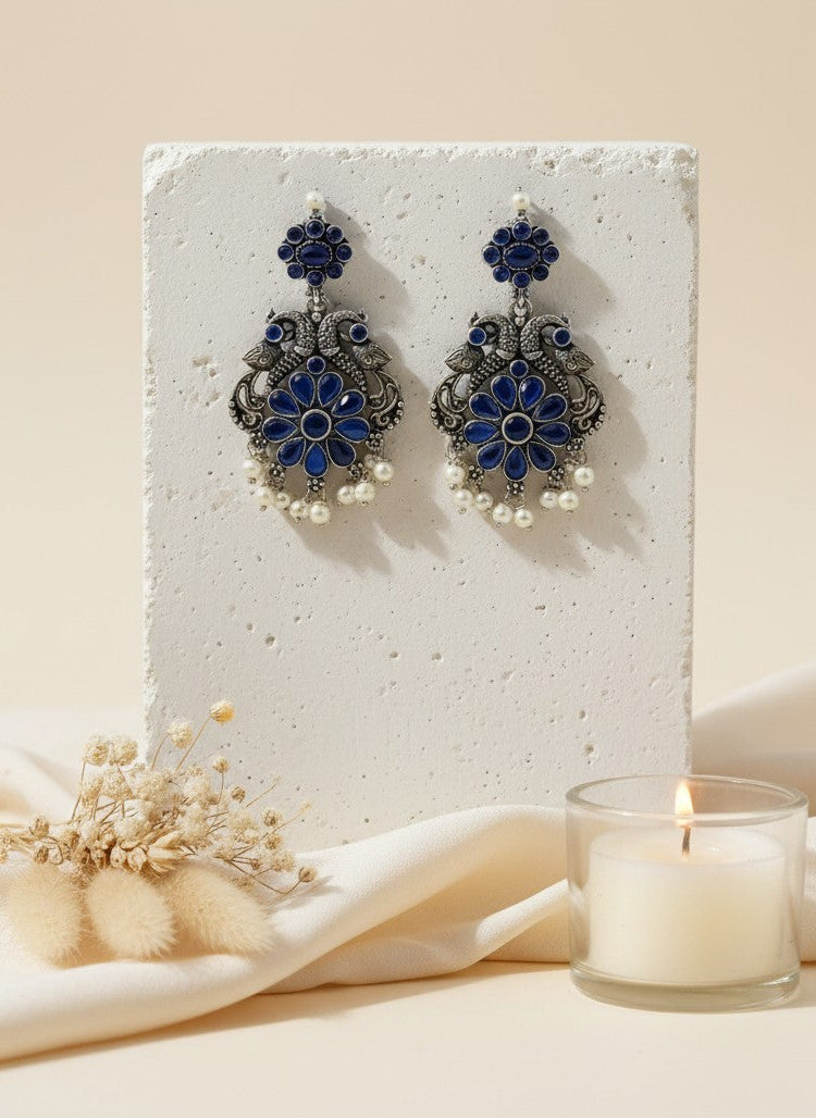 Silver Oxidized Peacock Dangler Earrings with Stone and Pearls
