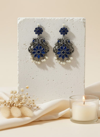 Silver Oxidized Peacock Dangler Earrings with Stone and Pearls