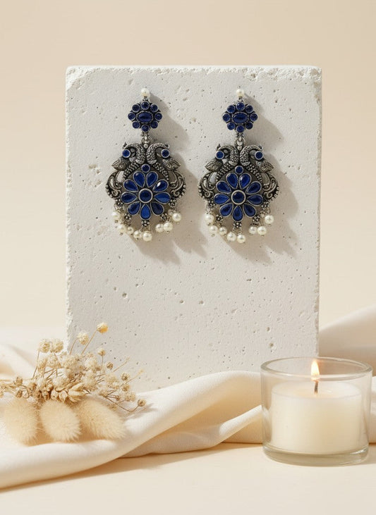 Silver Oxidized Peacock Dangler Earrings with Stone and Pearls for Women