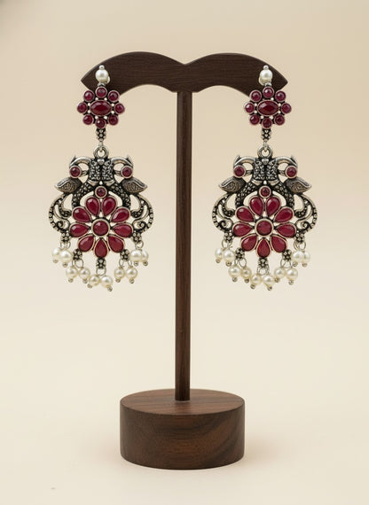 Silver Oxidized Peacock Dangler Earrings with Stone and Pearls