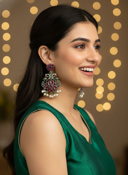 Silver Oxidized Peacock Dangler Earrings with Stone and Pearls