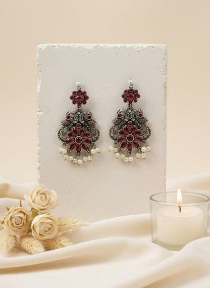 Silver Oxidized Peacock Dangler Earrings with Stone and Pearls