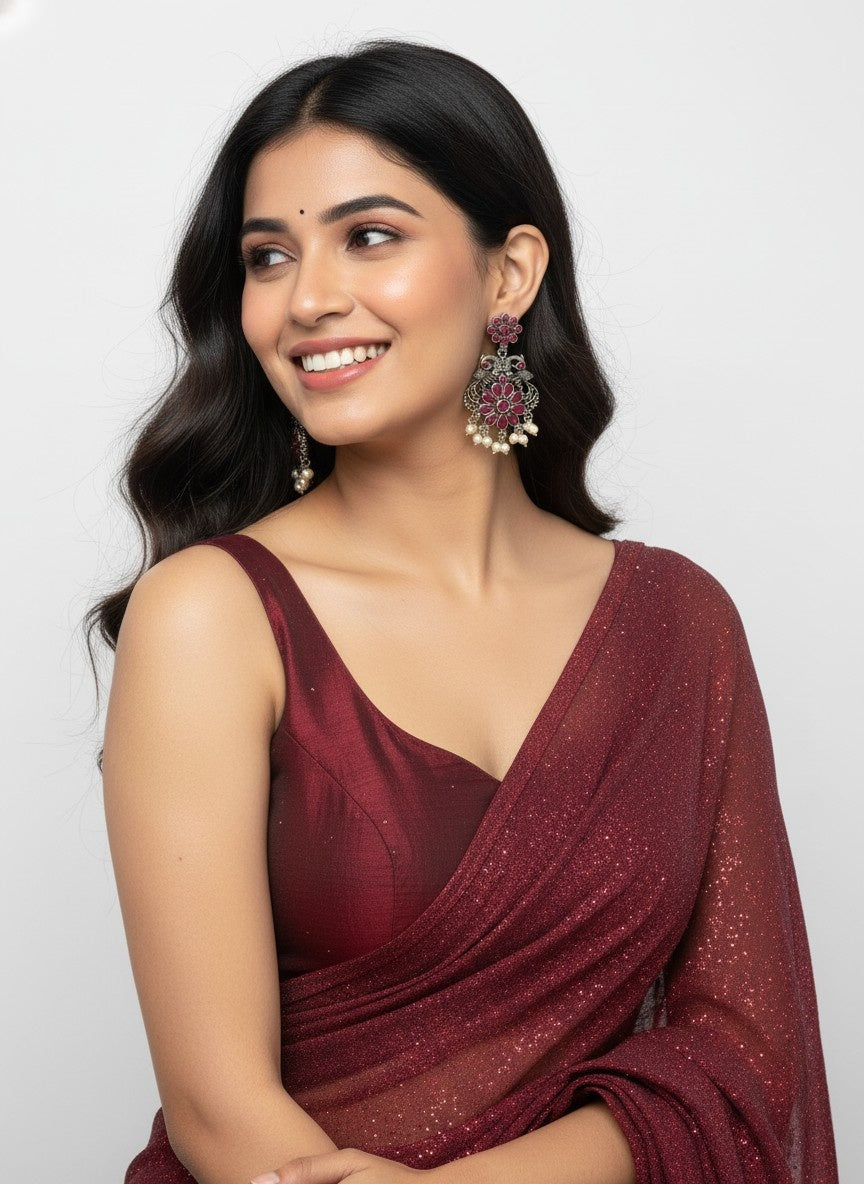 Silver Oxidized Peacock Dangler Earrings with Stone and Pearls