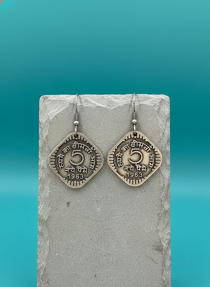 Silver Oxidized Hook Style Handcrafted 5 Paisa Coin Earrings