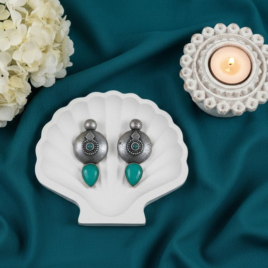 Silver Oxidized Antique Circle Stud Earrings with Stone Detailing