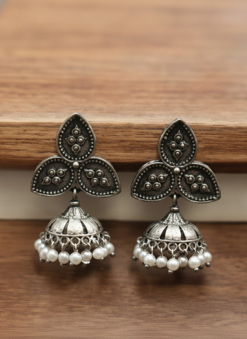 Silver Oxidized  Leaf Jhumka with Pearl Drops for Women - Ethnic Everyday Wear