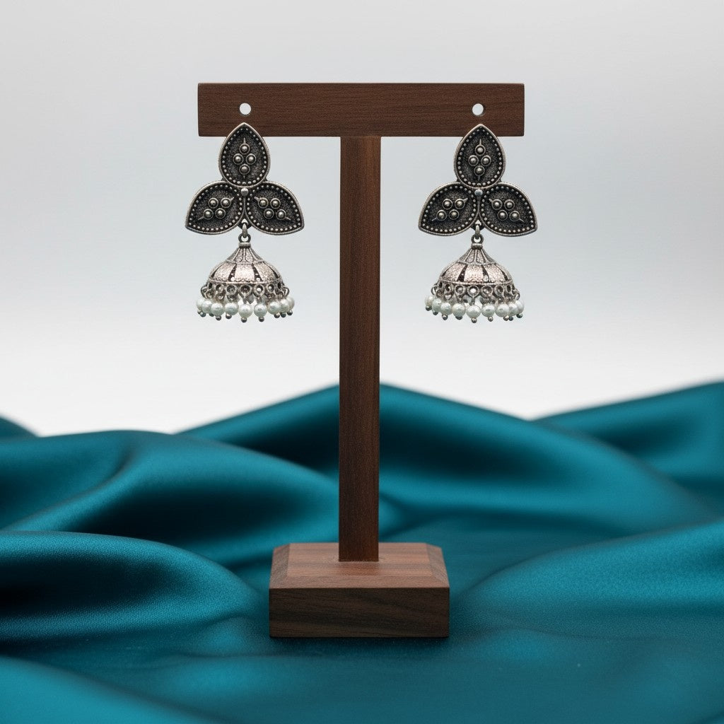 Silver Oxidized  Leaf stud and Jhumkis with Pearl Drops