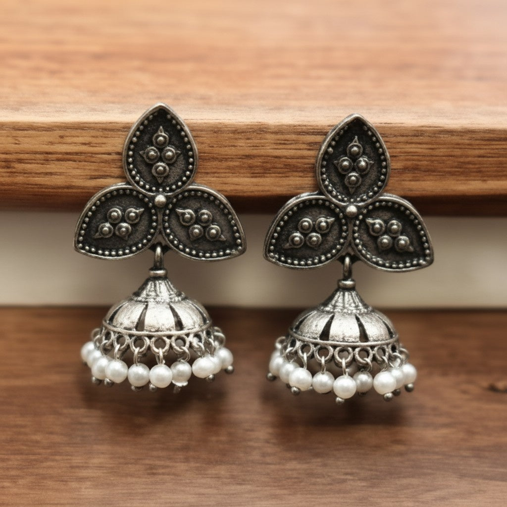 Silver Oxidized  Leaf stud and Jhumkis with Pearl Drops