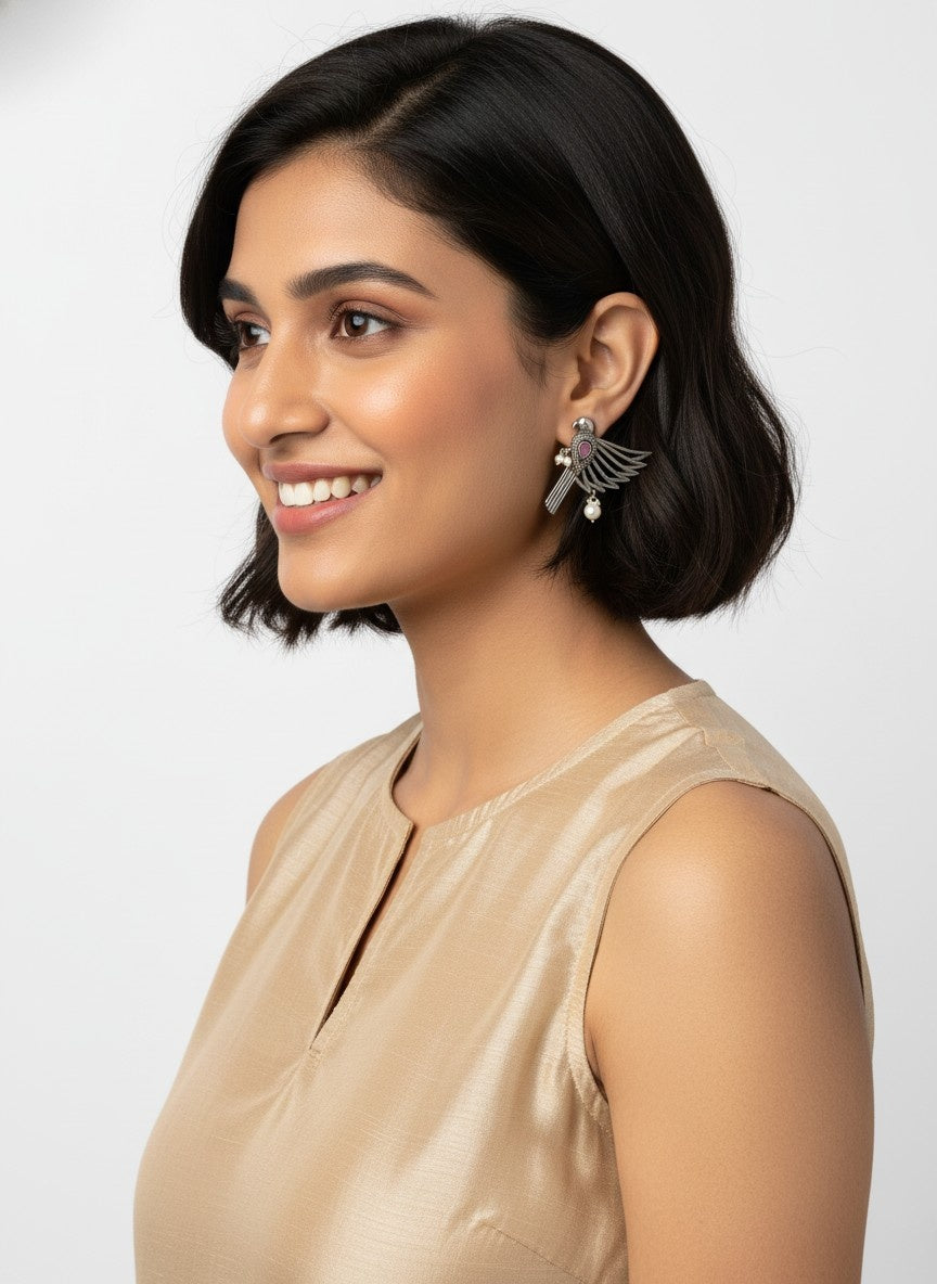 Silver Oxidized Bird Stud Earrings