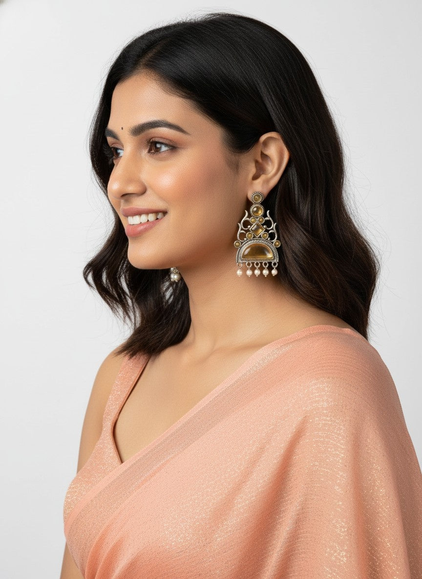 Silver Oxidized Stone Dangler Earrings