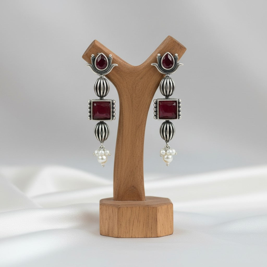 Antique Ethnic Silver Oxidized Lotus Dangle Earrings with Stones and Pearl Detailing