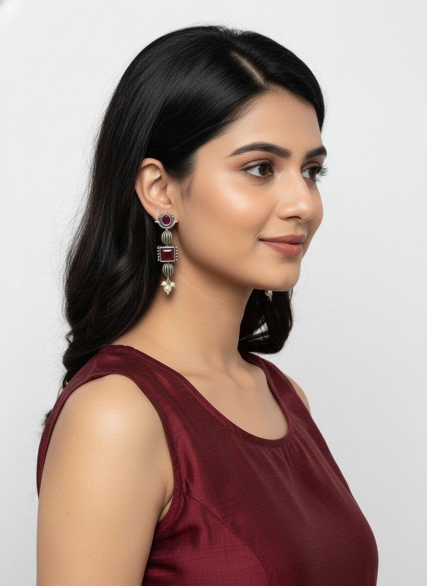 Antique Ethnic Silver Oxidized Lotus Dangle Earrings with Stones and Pearl Detailing