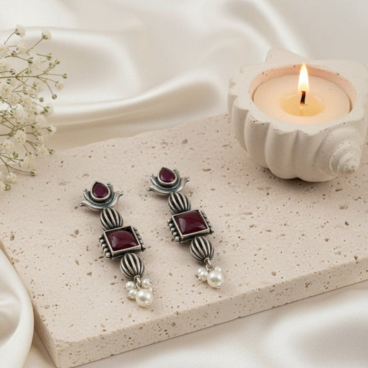 Antique Ethnic Silver Oxidized Lotus Dangle Earrings with Stones and Pearl Detailing for Women