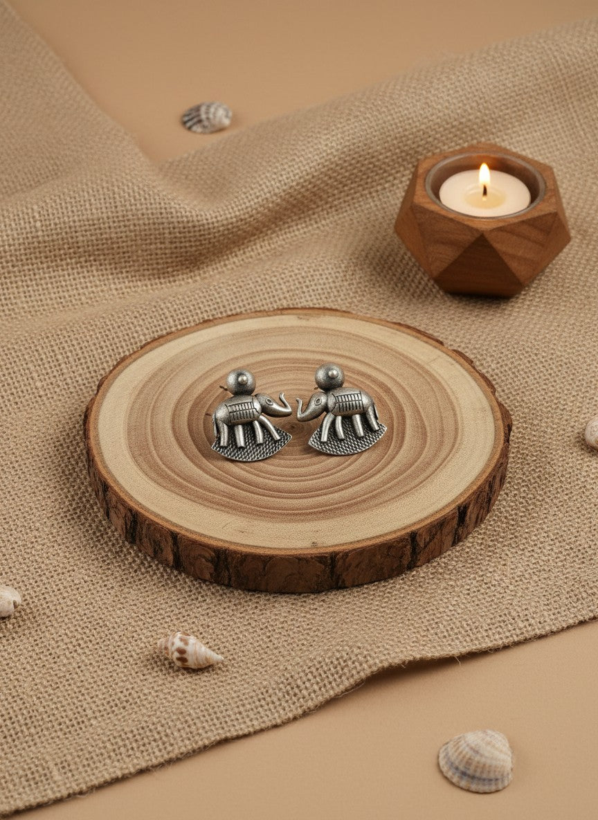 Silver Oxidized Elephant Motif Stud Earrings for Women - Daily Wear