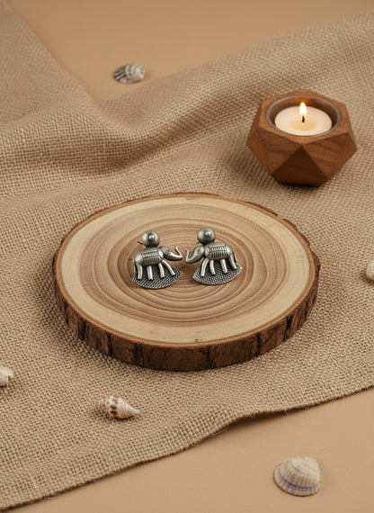 Silver Oxidized Elephant Motif Stud Earrings for Women - Daily Wear