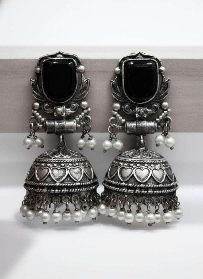 Silver Oxidized Black Stone Jhumka Earrings with Pearl Drops for Women - All Occasions