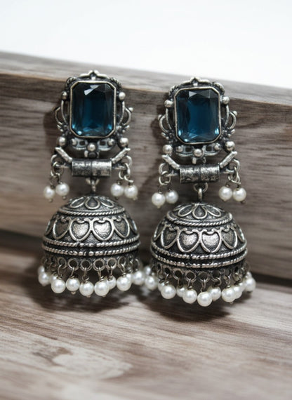 Silver Oxidized Blue Stone Jhumka Earrings with Pearl Drops for Women - All Occasions