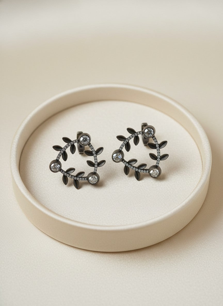 Silver Oxidized Geometric Pattern Leaf-Inspired Earrings