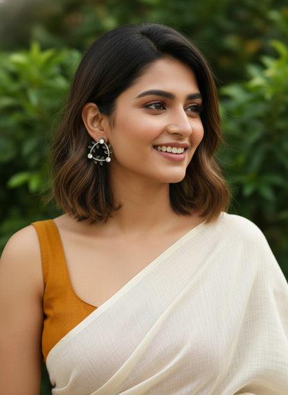 Silver Oxidized Geometric Pattern Leaf-Inspired Earrings